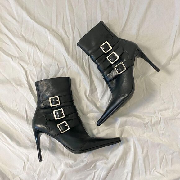 Bakers Helena Black Smooth Leather Pointy Toe Silver Buckle Stiletto Boots US 7 - Picture 8 of 8